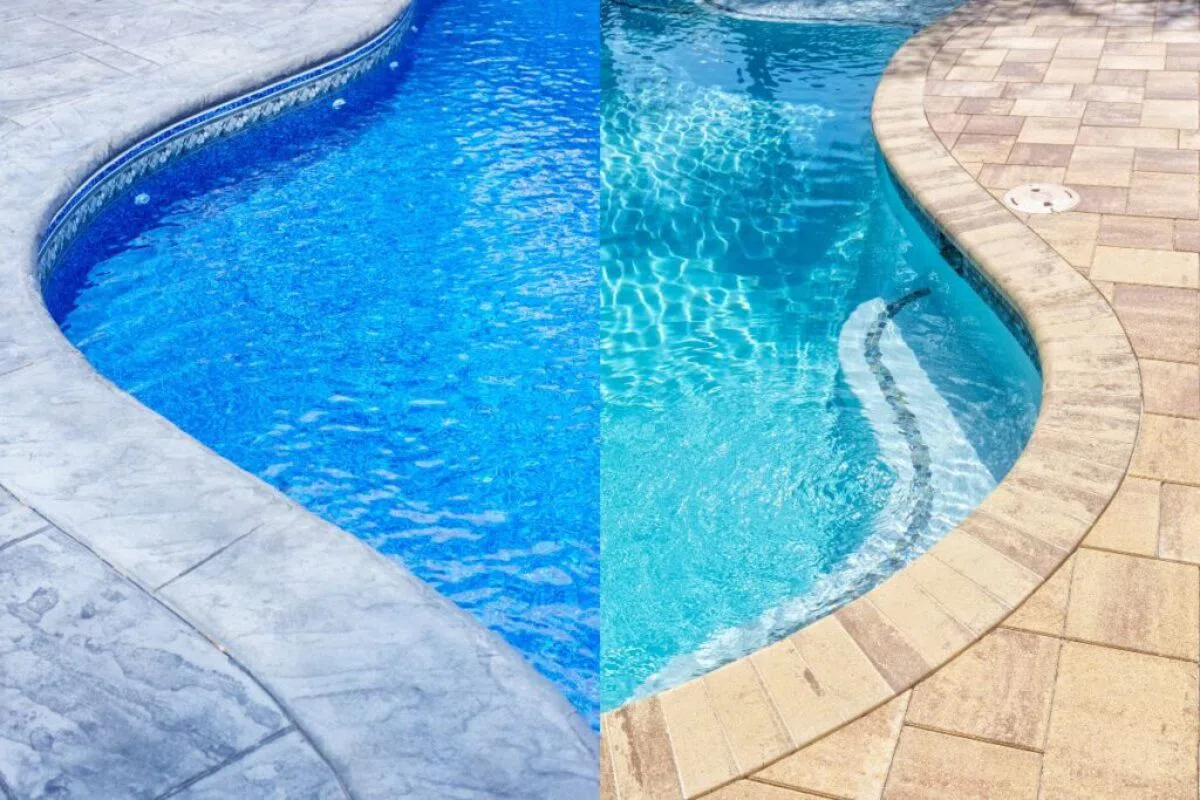 A before-and-after picture of two swimming pools that changed the pool deck tiles to look more aesthetically appealing.