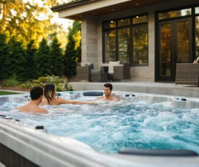 A group of friends enjoys swimming in an inground pool hot tub combo.