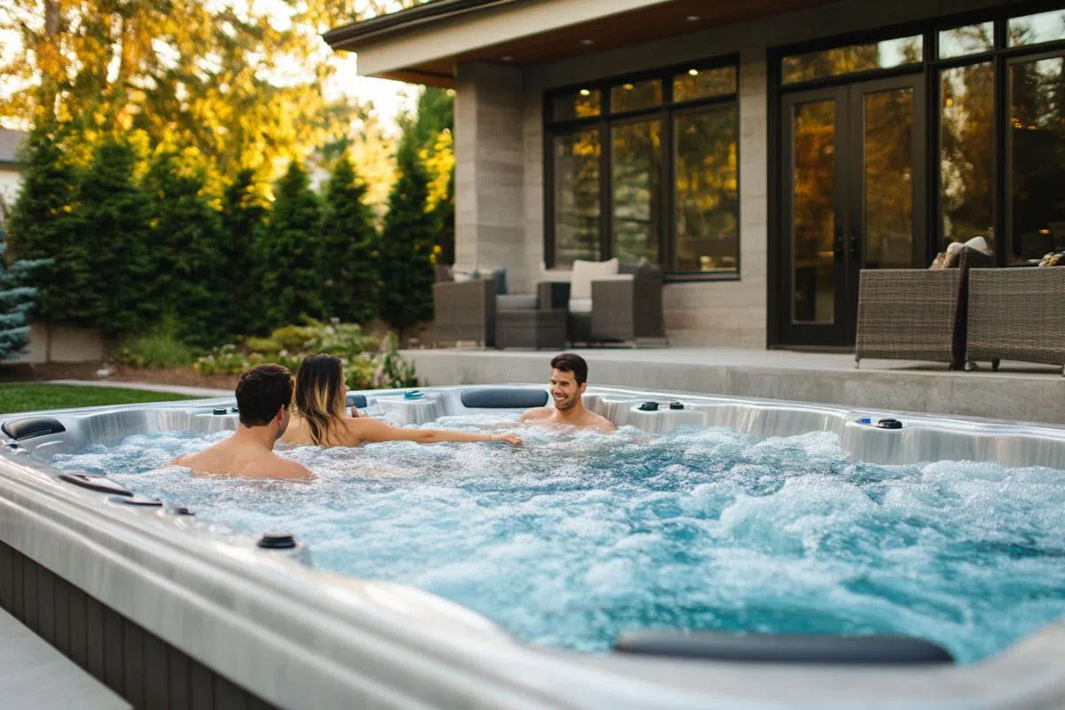 A group of friends enjoys swimming in an inground pool hot tub combo.