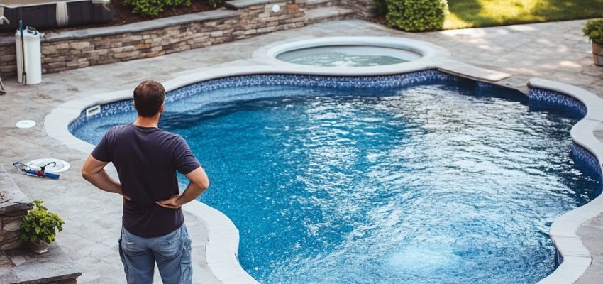 A homeowner checks the installation of an inground pool and hot tub in his backyard.