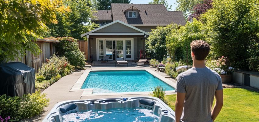 A backyard has an inground pool and hot tub.