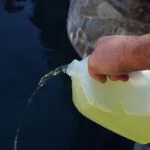 The homeowner adds liquid chlorine to the pool water.