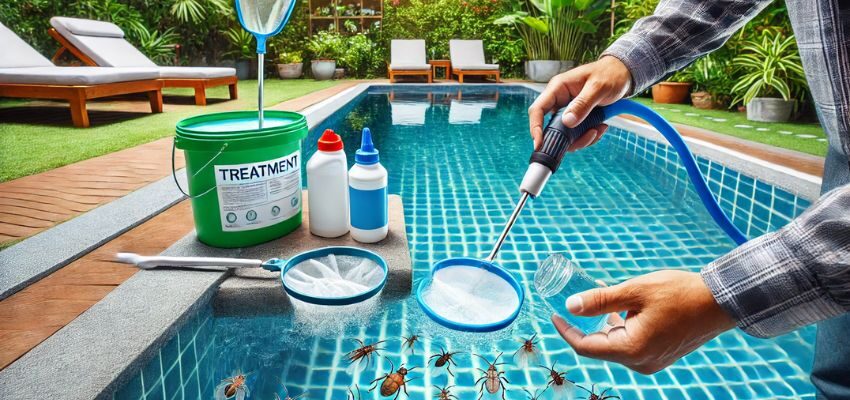 The man treated the pool water to eliminate water bugs in a pool.