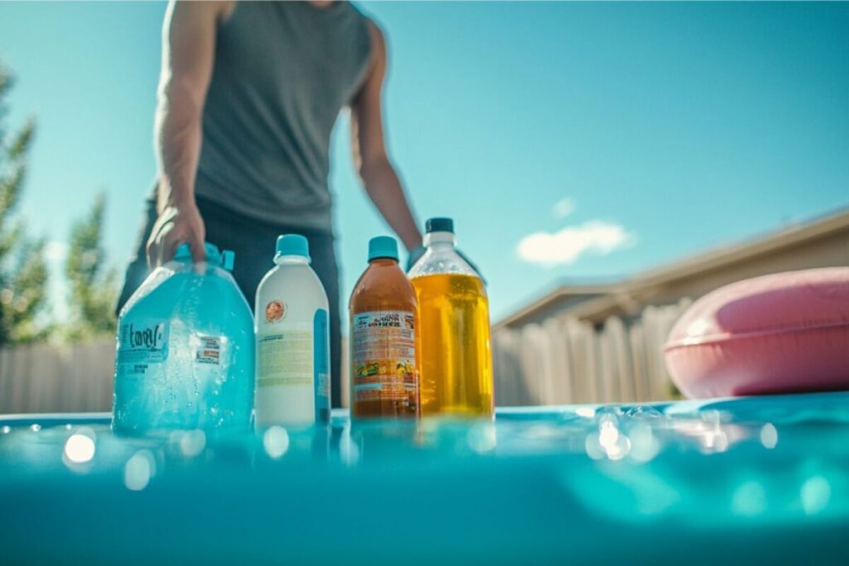 The man prepares all the chemicals needed for the above ground pool.