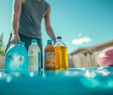 The man prepares all the chemicals needed for the above ground pool.