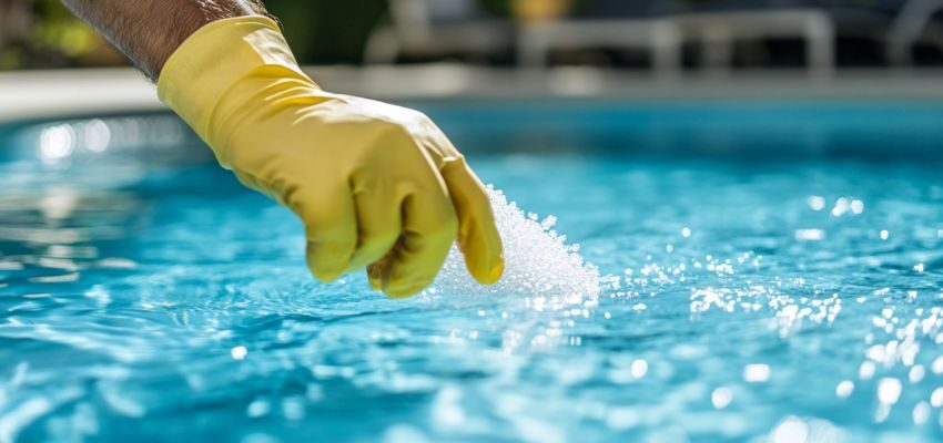 The man puts chemicals needed for the above-ground pool.