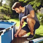 The man is searching for a leak in the above-ground pool.