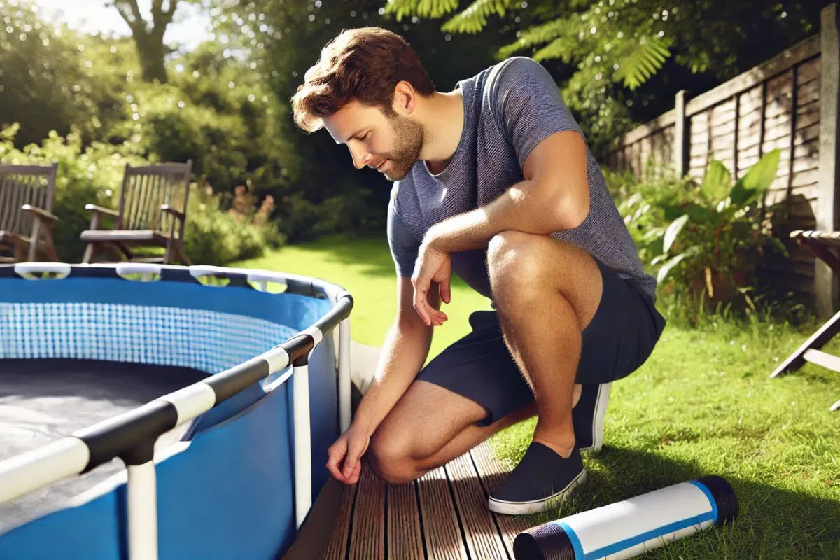 The man is searching for a leak in the above-ground pool.