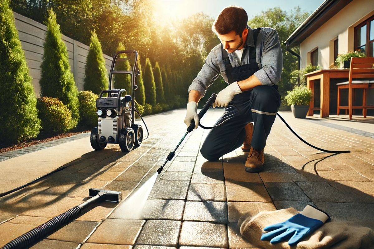 The man cleans the pavers.