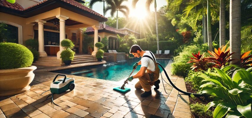 The man cleans the pavers regularly.