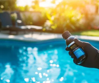 The man holds the best algaecide for the pool.