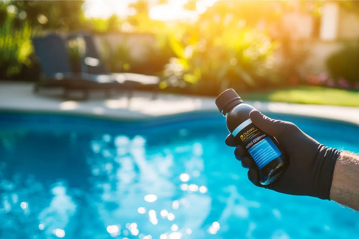 The man holds the best algaecide for the pool.