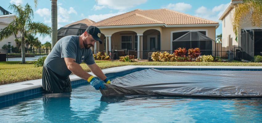 The pool maintenance checks the pools to see if there's damage due to the winter season.