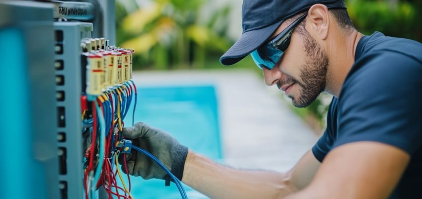 The technician ensures the safety of the electricity he installs around the pool.