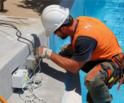 The technician installs electricity around the pool.