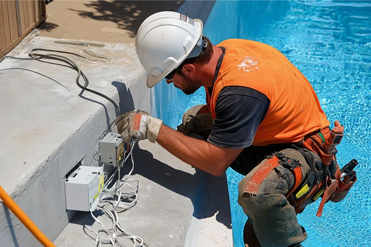 The technician installs electricity around the pool.