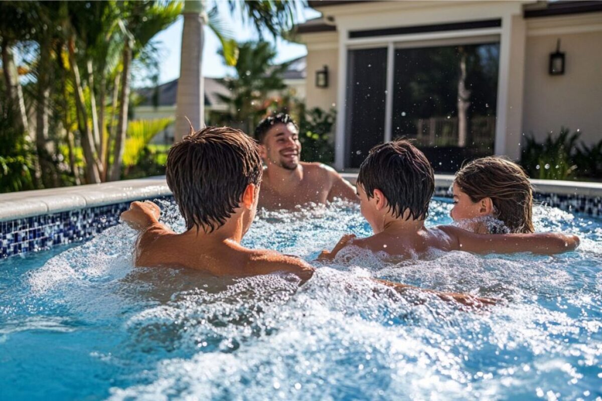 A group of friends enjoy swimming in the wading pool.