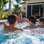 A group of friends enjoy swimming in the wading pool.