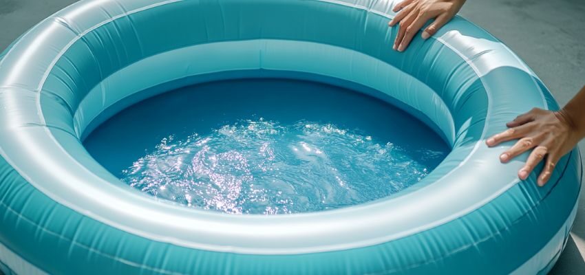 The man checks the wading pool for air leaks.