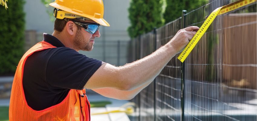 professional measuring the fencing around pool