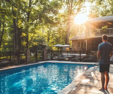 man watching over a swimming pool during sunset