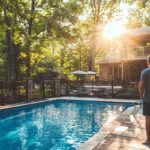 man watching over a swimming pool during sunset