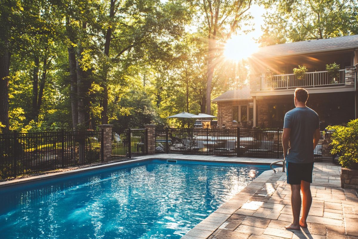 man watching over a swimming pool during sunset